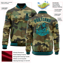 Load image into Gallery viewer, Custom Camo Black-Teal Bomber Varsity Letterman Salute To Service Zipper Jacket
