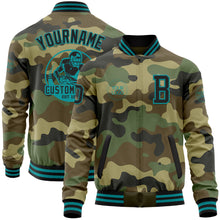 Load image into Gallery viewer, Custom Camo Black-Teal Bomber Varsity Letterman Salute To Service Zipper Jacket
