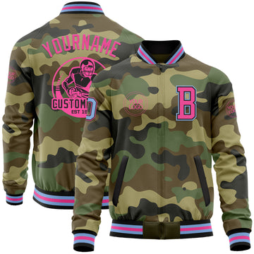 Custom Camo Light Blue Black-Pink Bomber Varsity Letterman Salute To Service Zipper Jacket