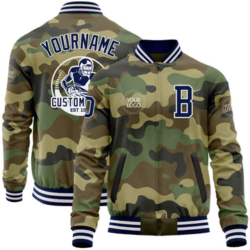 Custom Camo Navy-White Bomber Varsity Letterman Salute To Service Zipper Jacket