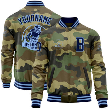 Custom Camo Navy-Light Blue Bomber Varsity Letterman Salute To Service Zipper Jacket