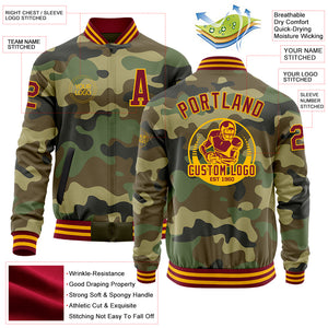 Custom Camo Crimson-Gold Bomber Varsity Letterman Salute To Service Zipper Jacket