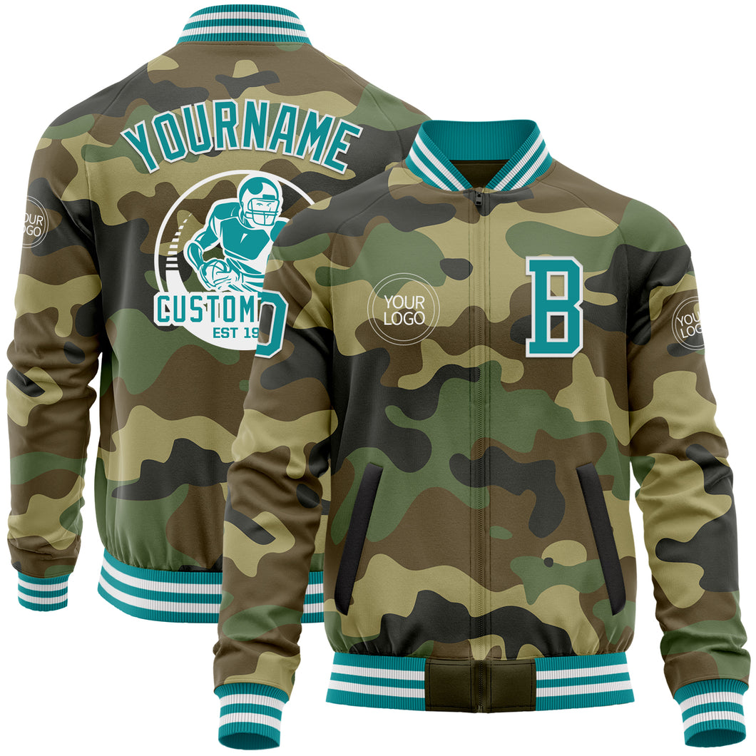 Custom Camo Teal-White Bomber Varsity Letterman Salute To Service Zipper Jacket