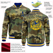 Load image into Gallery viewer, Custom Camo Royal-Yellow Bomber Varsity Letterman Salute To Service Zipper Jacket
