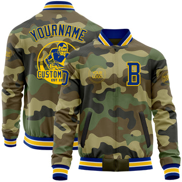 Custom Camo Royal-Yellow Bomber Varsity Letterman Salute To Service Zipper Jacket