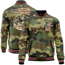 Load image into Gallery viewer, Custom Camo Vintage USA Flag City Cream Crimson-Black Bomber Varsity Letterman Salute To Service Zipper Jacket
