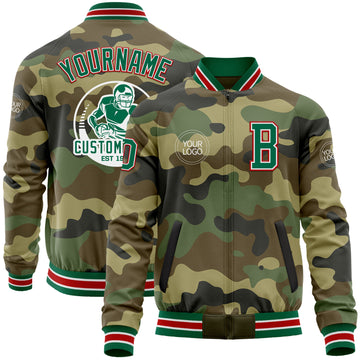 Custom Camo Kelly Green-Red Bomber Varsity Letterman Salute To Service Zipper Jacket