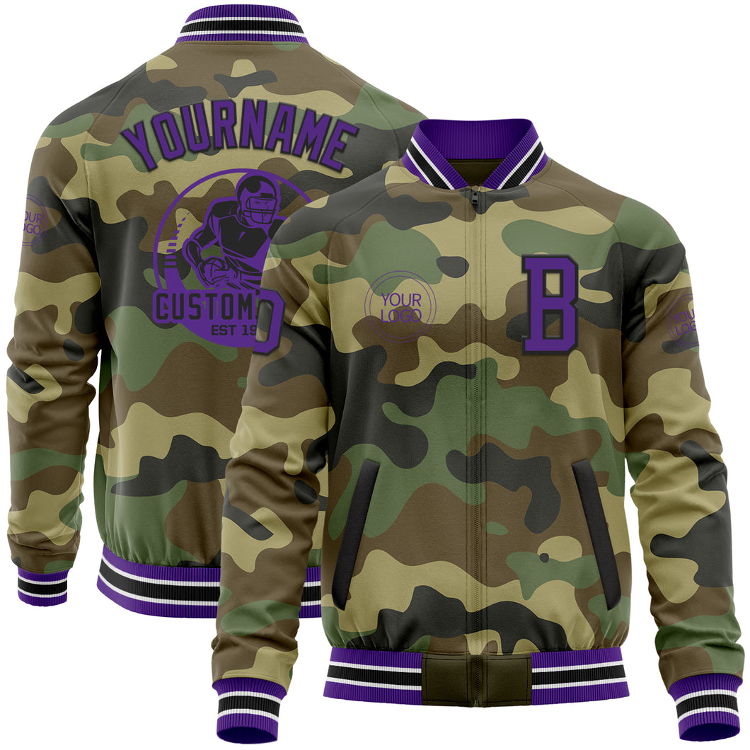 Custom Camo Purple-Black Bomber Varsity Letterman Salute To Service Zipper Jacket