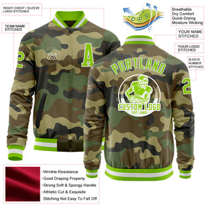 Custom Camo Neon Green-White Bomber Varsity Letterman Salute To Service Zipper Jacket