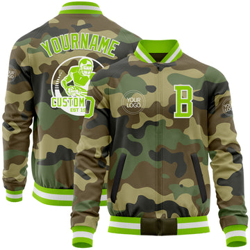 Custom Camo Neon Green-White Bomber Varsity Letterman Salute To Service Zipper Jacket