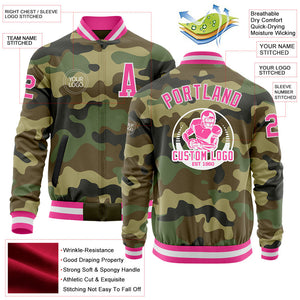 Custom Camo Pink-White Bomber Varsity Letterman Salute To Service Zipper Jacket