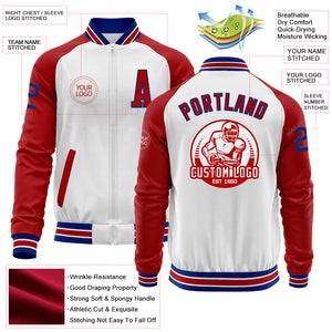 Custom White Royal-Red Bomber Varsity Letterman Two Tone Zipper Jacket