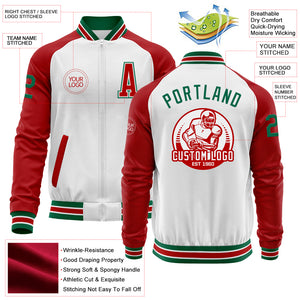 Custom White Kelly Green-Red Bomber Varsity Letterman Two Tone Zipper Jacket