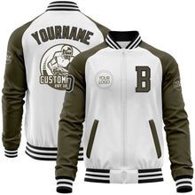 Load image into Gallery viewer, Custom White Black-Olive Bomber Varsity Letterman Two Tone Zipper Jacket
