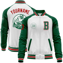 Load image into Gallery viewer, Custom White Red-Kelly Green Bomber Varsity Letterman Two Tone Zipper Jacket
