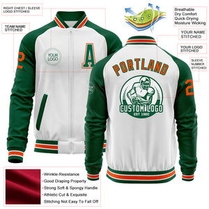 Custom White Orange-Kelly Green Bomber Varsity Letterman Two Tone Zipper Jacket