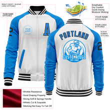 Load image into Gallery viewer, Custom White Black-Powder Blue Bomber Varsity Letterman Two Tone Zipper Jacket
