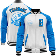 Load image into Gallery viewer, Custom White Black-Powder Blue Bomber Varsity Letterman Two Tone Zipper Jacket
