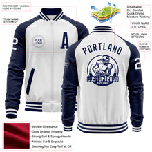 Load image into Gallery viewer, Custom White Navy Bomber Varsity Letterman Two Tone Zipper Jacket
