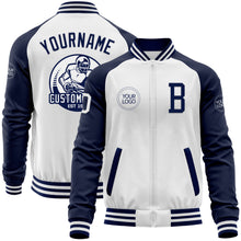 Load image into Gallery viewer, Custom White Navy Bomber Varsity Letterman Two Tone Zipper Jacket
