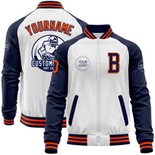 Load image into Gallery viewer, Custom White Orange-Navy Bomber Varsity Letterman Two Tone Zipper Jacket
