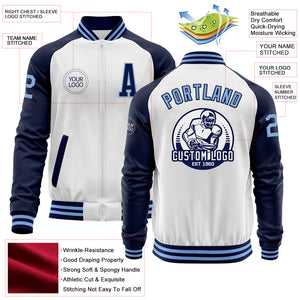 Custom White Light Blue-Navy Bomber Varsity Letterman Two Tone Zipper Jacket