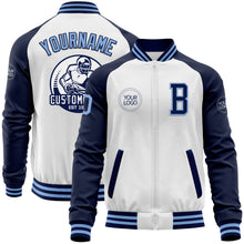 Load image into Gallery viewer, Custom White Light Blue-Navy Bomber Varsity Letterman Two Tone Zipper Jacket
