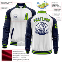 Load image into Gallery viewer, Custom White Neon Green-Navy Bomber Varsity Letterman Two Tone Zipper Jacket
