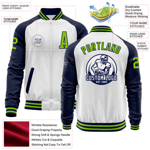 Custom White Neon Green-Navy Bomber Varsity Letterman Two Tone Zipper Jacket