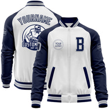 Load image into Gallery viewer, Custom White Gray-Navy Bomber Varsity Letterman Two Tone Zipper Jacket
