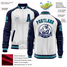 Load image into Gallery viewer, Custom White Teal Gray-Navy Bomber Varsity Letterman Two Tone Zipper Jacket
