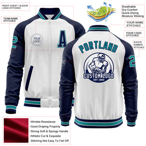 Custom White Teal Gray-Navy Bomber Varsity Letterman Two Tone Zipper Jacket