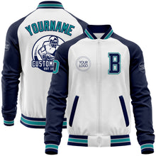 Load image into Gallery viewer, Custom White Teal Gray-Navy Bomber Varsity Letterman Two Tone Zipper Jacket
