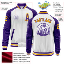 Load image into Gallery viewer, Custom White Gold-Purple Bomber Varsity Letterman Two Tone Zipper Jacket
