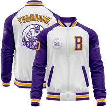 Load image into Gallery viewer, Custom White Gold-Purple Bomber Varsity Letterman Two Tone Zipper Jacket
