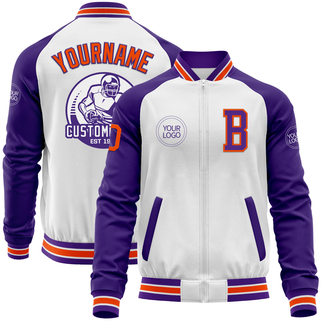 Custom White Orange-Purple Bomber Varsity Letterman Two Tone Zipper Jacket