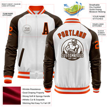 Load image into Gallery viewer, Custom White Orange-Brown Bomber Varsity Letterman Two Tone Zipper Jacket
