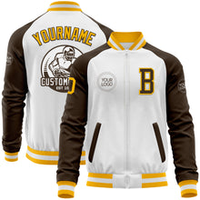 Load image into Gallery viewer, Custom White Gold-Brown Bomber Varsity Letterman Two Tone Zipper Jacket
