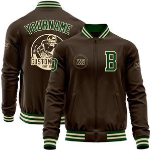 Custom Brown Green-Cream Bomber Varsity Letterman Zipper Jacket