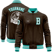 Load image into Gallery viewer, Custom Brown White-Aqua Bomber Varsity Letterman Zipper Jacket
