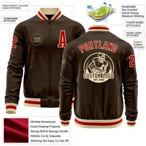 Custom Brown Red-Cream Bomber Varsity Letterman Zipper Jacket