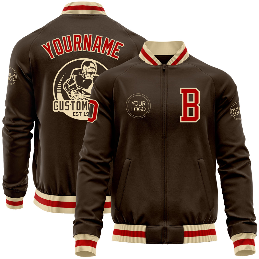 Custom Brown Red-Cream Bomber Varsity Letterman Zipper Jacket