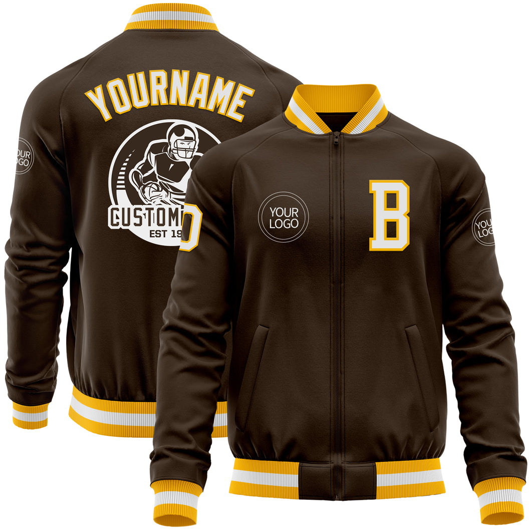 Custom Brown White-Gold Bomber Varsity Letterman Zipper Jacket