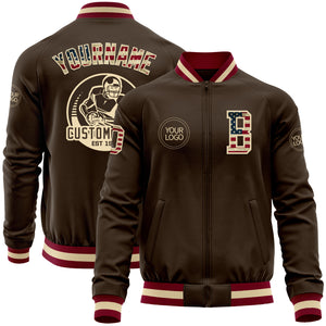 Custom Brown Vintage USA Flag Cream-Maroon Bomber Varsity Letterman Zipper Jacket