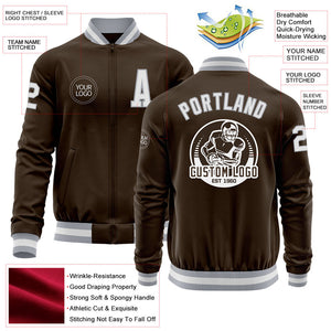 Custom Brown White-Gray Bomber Varsity Letterman Zipper Jacket