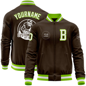 Custom Brown White-Neon Green Bomber Varsity Letterman Zipper Jacket