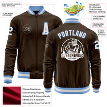 Load image into Gallery viewer, Custom Brown White-Light Blue Bomber Varsity Letterman Zipper Jacket
