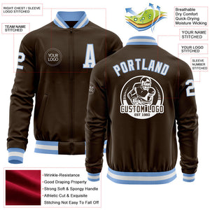 Custom Brown White-Light Blue Bomber Varsity Letterman Zipper Jacket