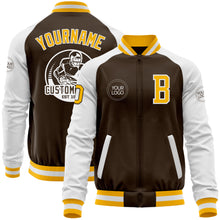 Load image into Gallery viewer, Custom Brown Gold-White Bomber Varsity Letterman Two Tone Zipper Jacket
