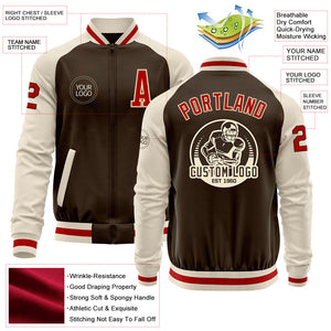 Custom Brown Red-Cream Bomber Varsity Letterman Two Tone Zipper Jacket